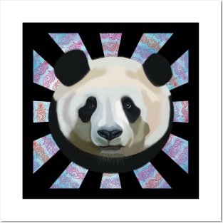 Striking Panda bear on Paisley patterned sun rays Posters and Art